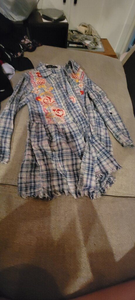 Ella Blue Floral Embroidered Plaid Shirt