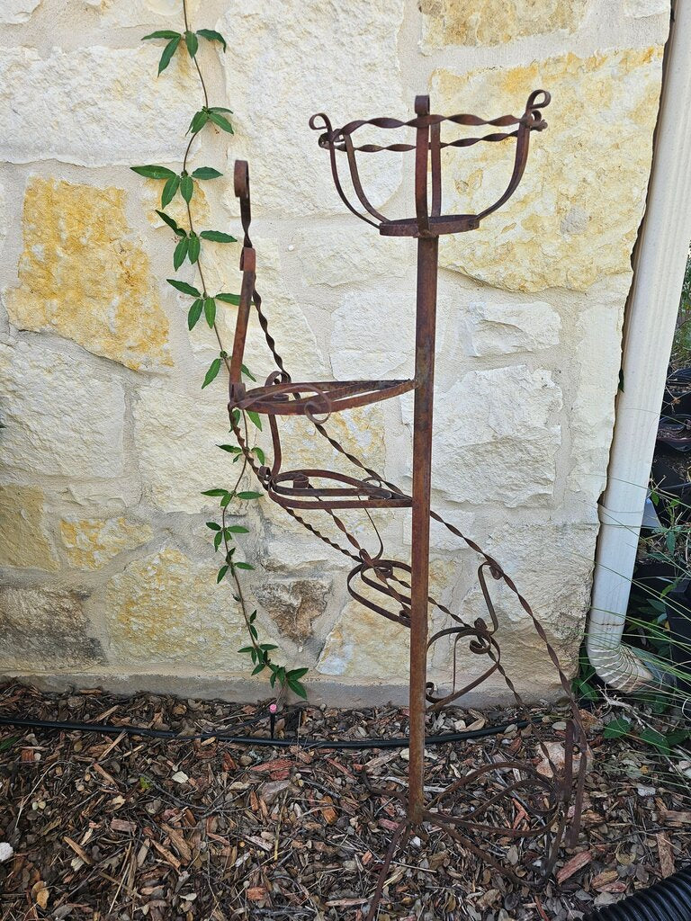 Vintage Rustic Wrought Iron Metal Spiral Staircase Tiered Plant Stand Shelf Victorian