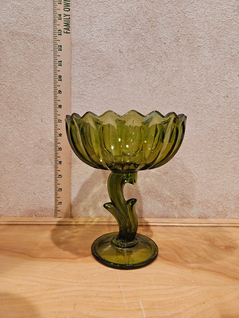 Vintage Indiana Glass Lotus Blossom Pedestal Open Compote Olive Green Candy Dish Pedestal Bowl