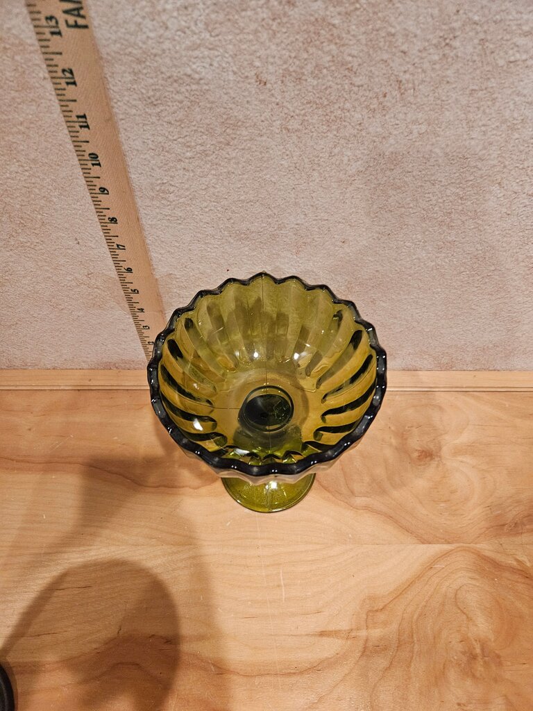 Vintage Indiana Glass Lotus Blossom Pedestal Open Compote Olive Green Candy Dish Pedestal Bowl
