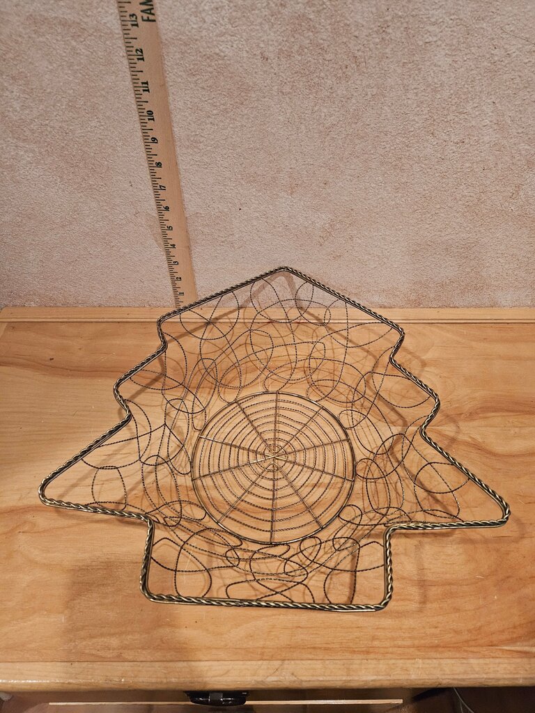 Gold Tone Metal Wire Christmas Tree Shaped Basket Decorative Wire Basket