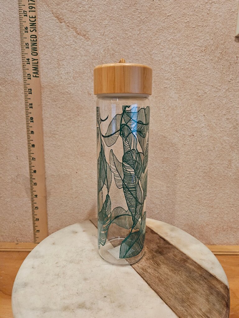 Reusable Glass Water Bottle w Bamboo Lid, Leaf Design carrying / attach backpack loop