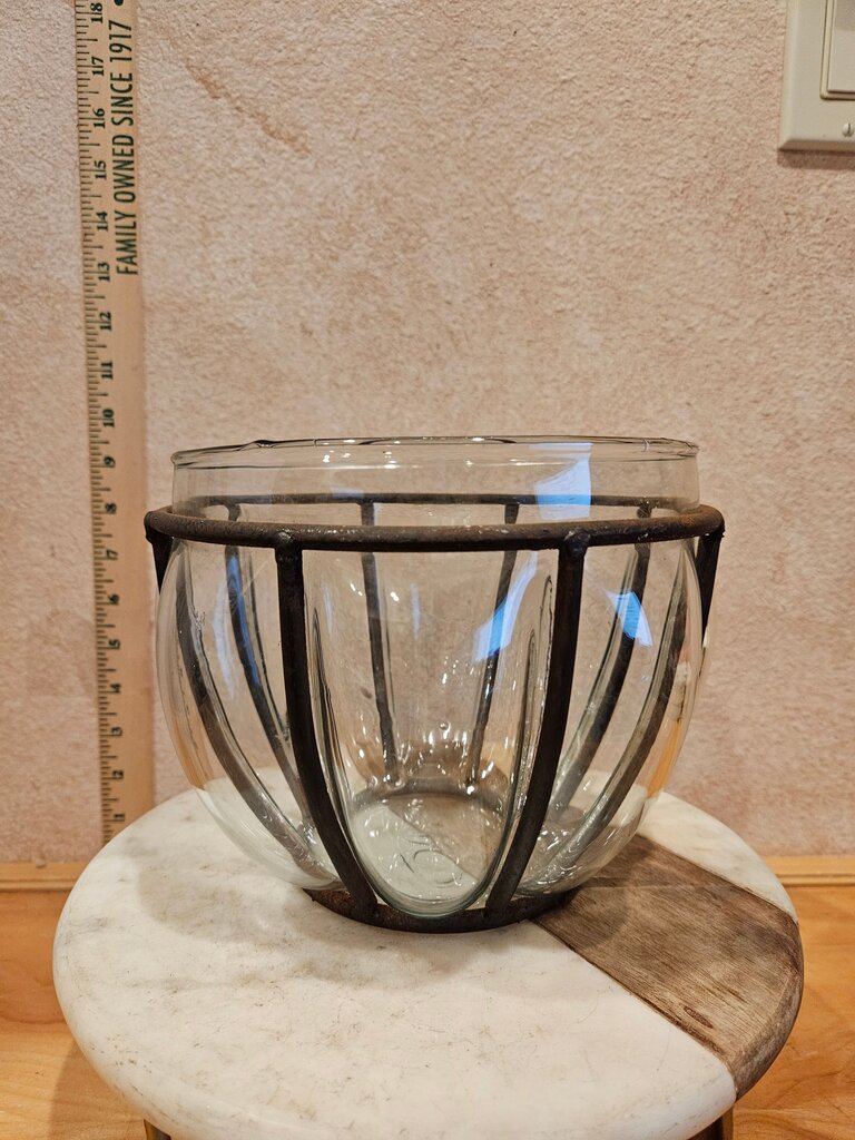 Vintage Art Deco Handblown Glass Vase Incased Metal Cage Candle holder, fruit bowl, table display