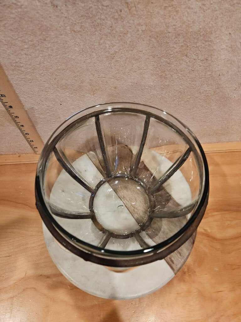 Vintage Art Deco Handblown Glass Vase Incased Metal Cage Candle holder, fruit bowl, table display