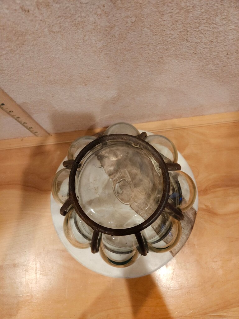 Vintage Art Deco Handblown Glass Vase Incased Metal Cage Candle holder, fruit bowl, table display
