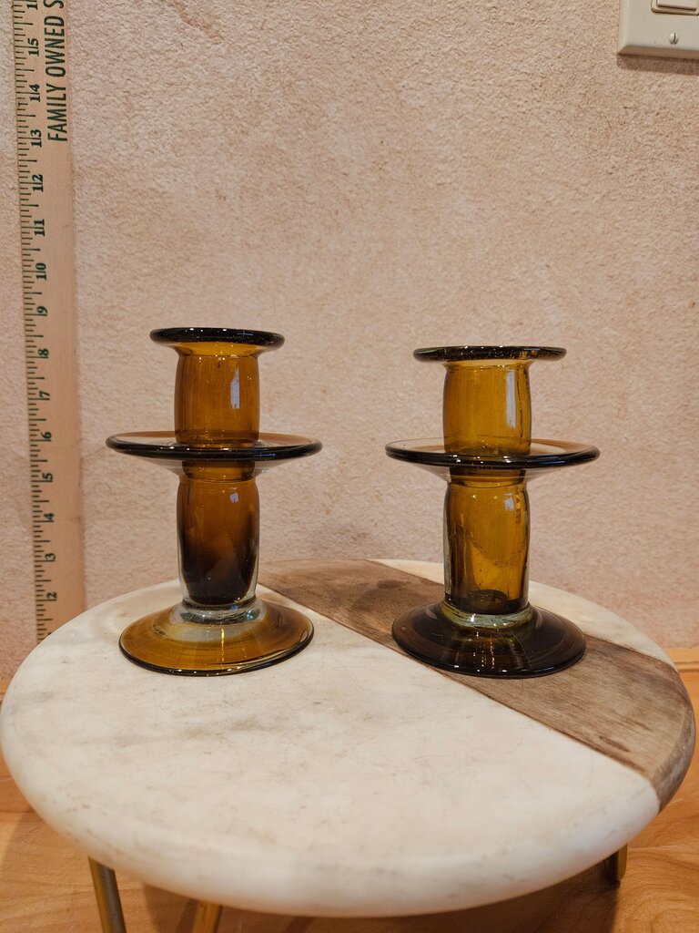 Vintage Art Deco MCM Amber Swirl Hand Blown Set Of Art Glass Candlesticks