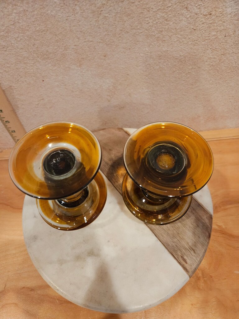Vintage Art Deco MCM Amber Swirl Hand Blown Set Of Art Glass Candlesticks