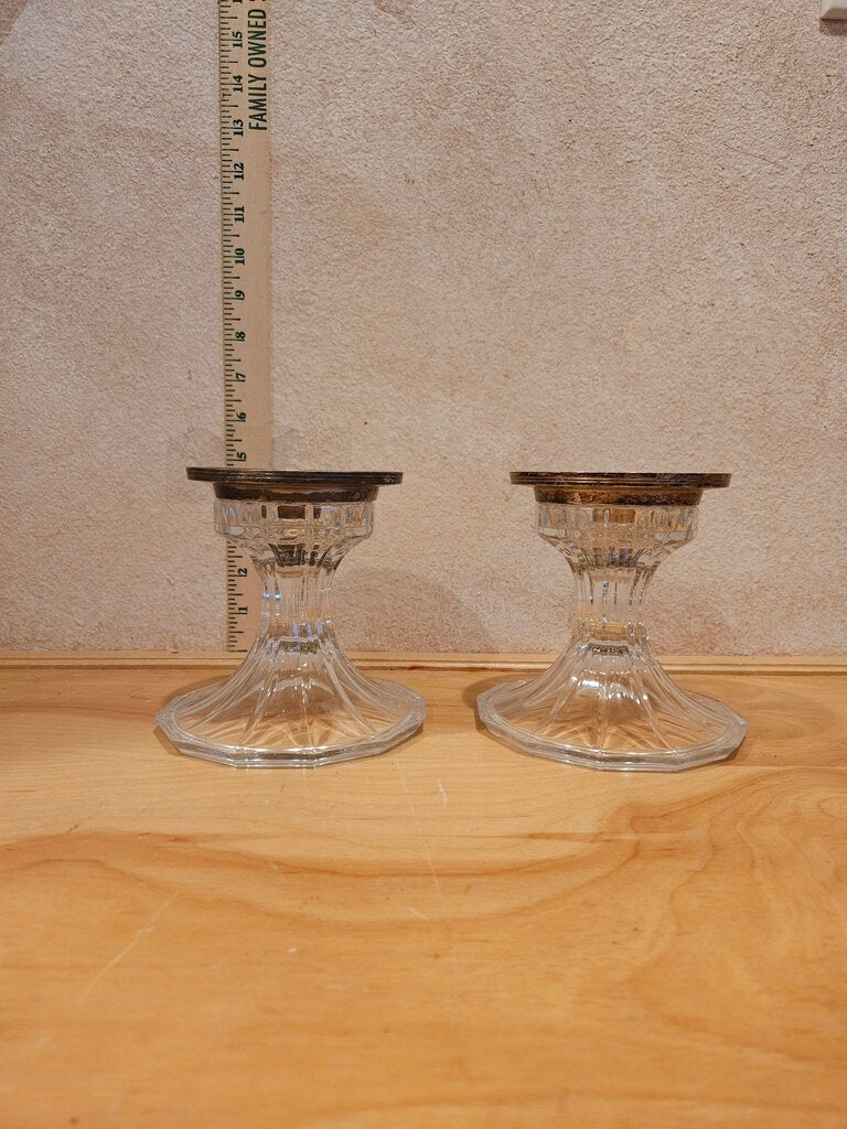 Large Crystal Candle Pillar Holders w Rare Removable Silver Bobeches converts to pillar holder