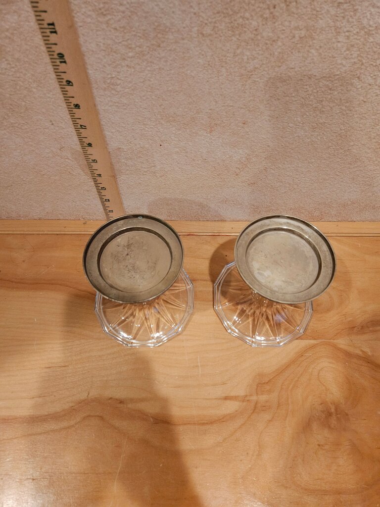 Large Crystal Candle Pillar Holders w Rare Removable Silver Bobeches converts to pillar holder