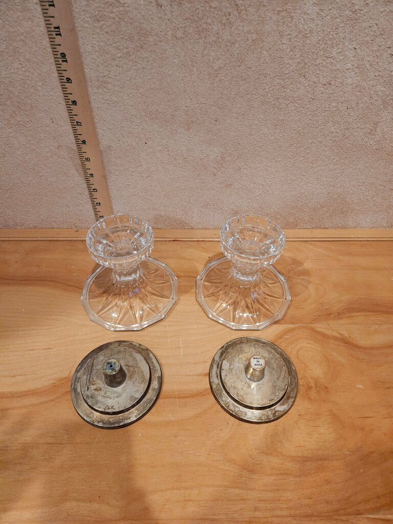 Large Crystal Candle Pillar Holders w Rare Removable Silver Bobeches converts to pillar holder