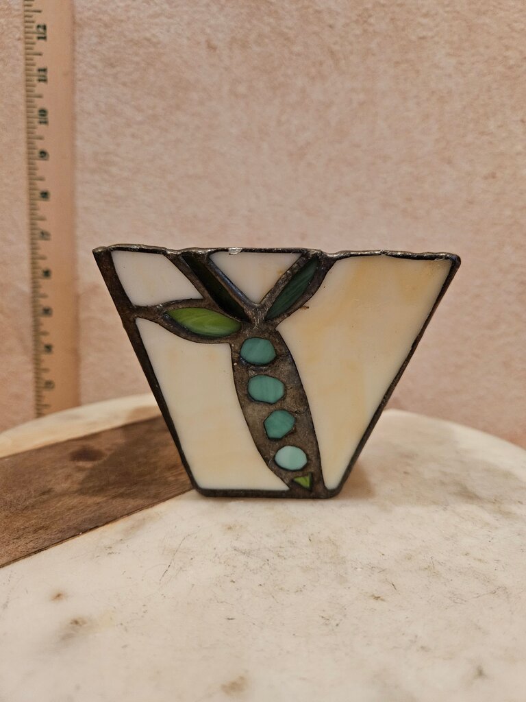 Art DecoTiffany Style Artisian Candle Holder Stained Glass & Brass Pea Pod & Carrot Garden Design Candle Holder