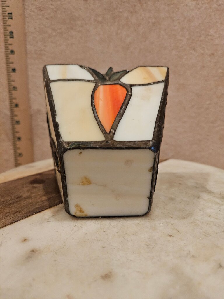 Art DecoTiffany Style Artisian Candle Holder Stained Glass & Brass Pea Pod & Carrot Garden Design Candle Holder