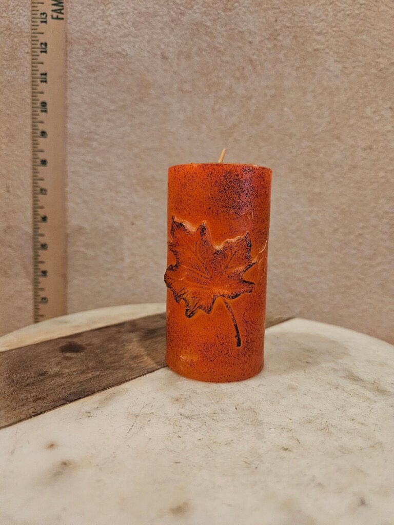 Autumn Leaf Carved Vintage Orange Pillar Candle w 3D Leaf Never Lit