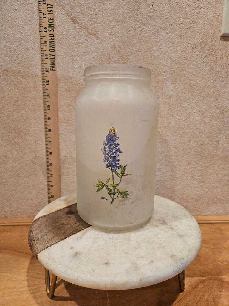 Extra large Frosted Glass Jar w Signed DEC Bluebonnet Design vase, storage, display organizer container candle holder
