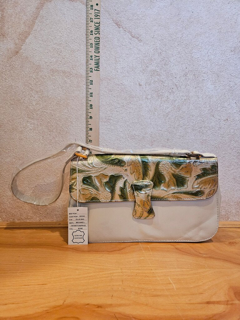 Vintage New w tag Old stock Green gilt gold & Pearl Monzo & Franco Ollie Tooled Leather Clutch