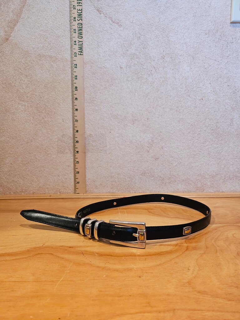 Brighton Skinny Leather Belt Black W Gold Silver Medallions Buckle Size Small 28