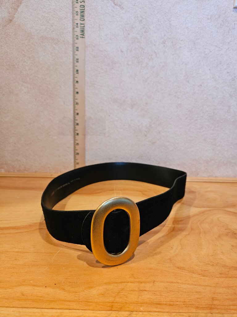 Vintage Milor Black Suede Genuine Leather Wide Med Large Belt w Gold Gilt Buckle