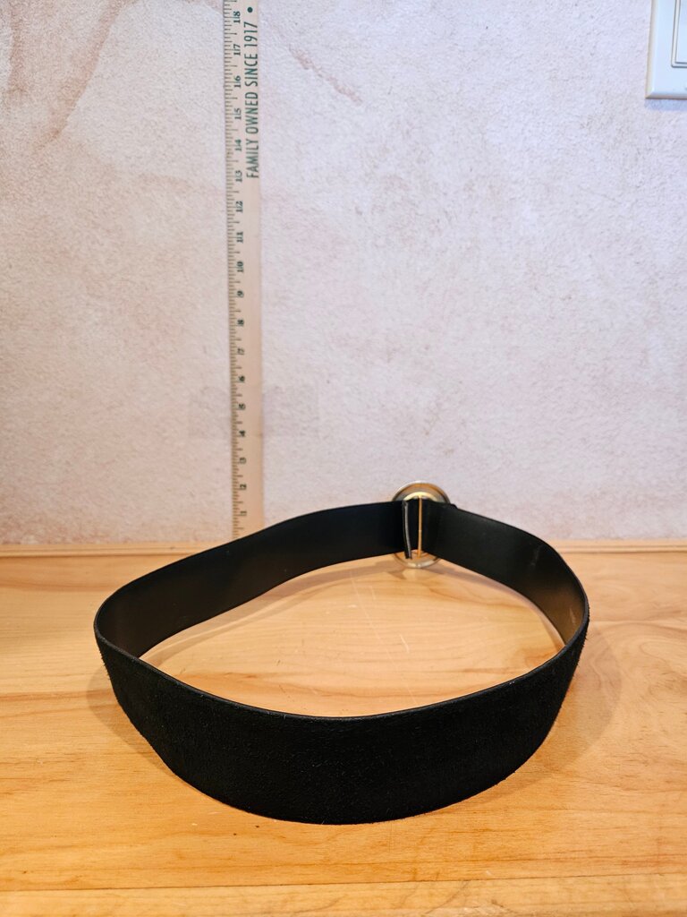 Vintage Milor Black Suede Genuine Leather Wide Med Large Belt w Gold Gilt Buckle