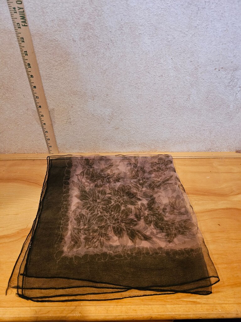 Vintage Sheer Lilac & Black Floral Scarf/ Neckerchief Rolled Edges Gothic, Witchy, whimsi goth