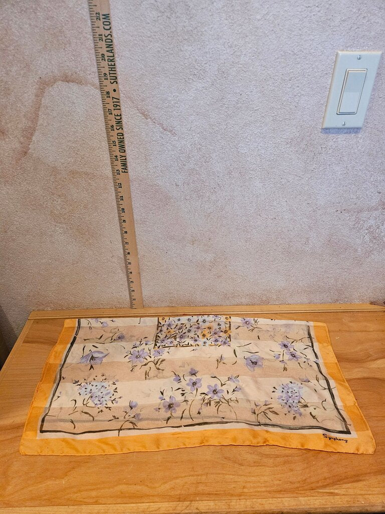 Symphony Scarfs Silk Floral Scarf Orange Trim Floral Silk Chiffon Scarf Gray, Orange, & Purple Square Scarf light pulling visible
