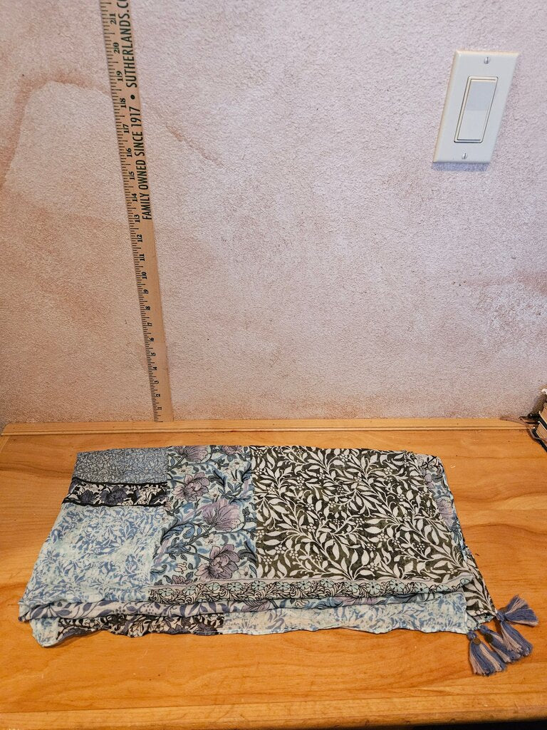 J. JILL Floral Paisley Cream Blue Purple teal Blue Jewel Tone Patchwork Scarf w tassel corners Romantic, breezy, lightweight soft elegant