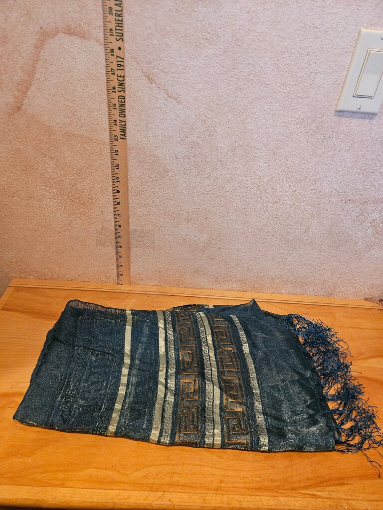 Sea Green Elegant Sheer Sheen Silk Fringed Edge Scarf with Gold Bronze Greek Patterns