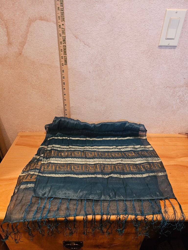 Sea Green Elegant Sheer Sheen Silk Fringed Edge Scarf with Gold Bronze Greek Patterns