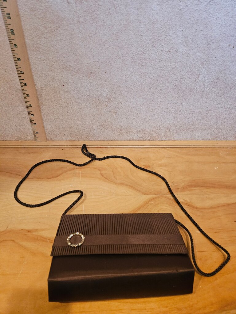 Brown Evening Women’s Bag, “Sasha New York,” Satin & Brown Rope Crossbody Strap Clutch Purse