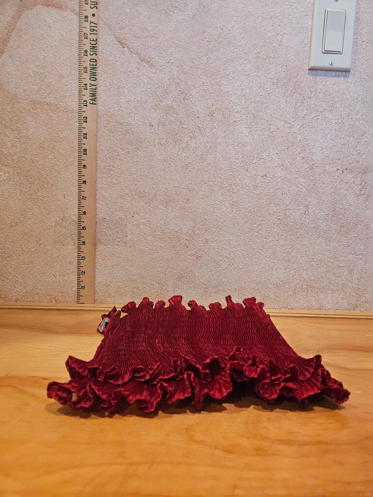 Jo Buckler Ribbed Scalloped Edge Red Sculptural Pleated Silky Statement Scarf Textile