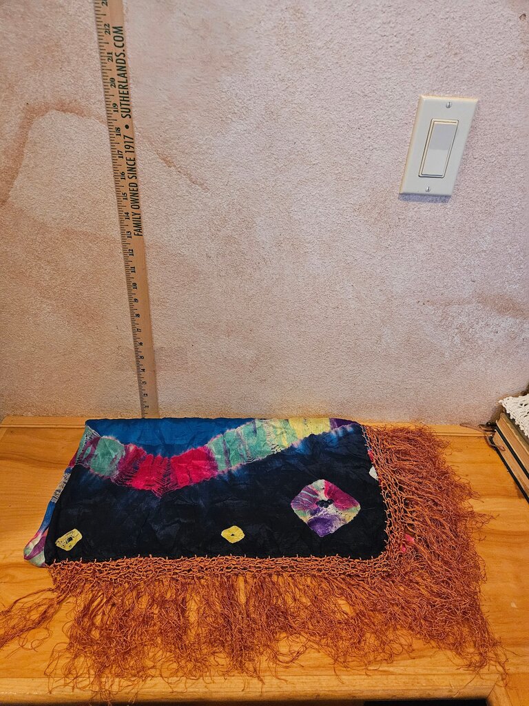 Artistic Unique Colorful Bold Tie-Dye Crocheted Fringe Possibly Silk Large Statement Scarf