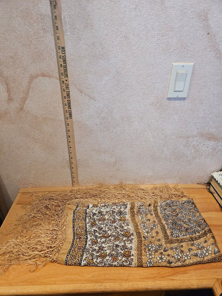 vintage silk brisas Fringed scarf made in india Brown Paisley Floral Print head or shoulder large Scarf