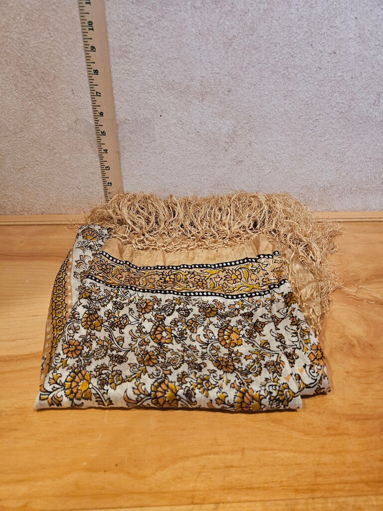 vintage silk brisas Fringed scarf made in india Brown Paisley Floral Print head or shoulder large Scarf
