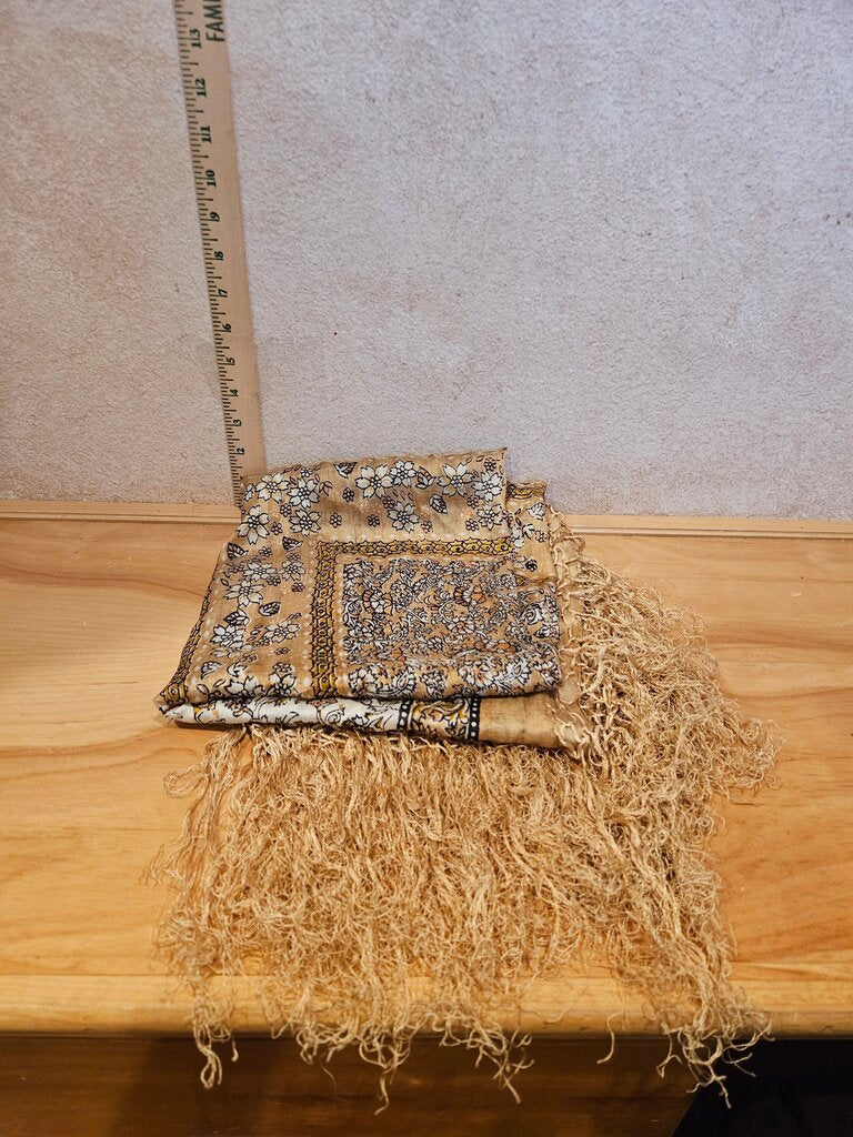 vintage silk brisas Fringed scarf made in india Brown Paisley Floral Print head or shoulder large Scarf