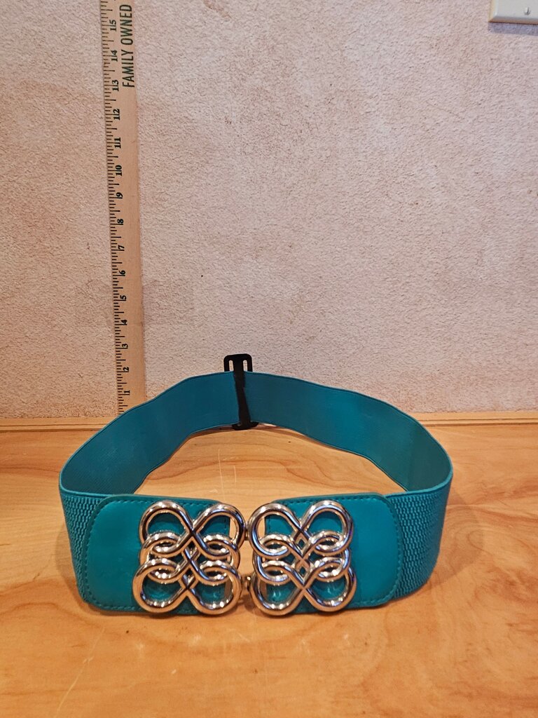 New w tag M /L Versona Turquoise Vintage 80s Stretchy Waist Belt Cincher Aqua Stretch Wide Waist Elastic Belt | Resort Wear w Decorative Buckle