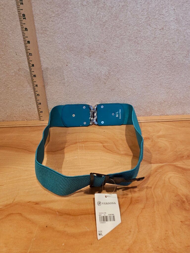 New w tag M /L Versona Turquoise Vintage 80s Stretchy Waist Belt Cincher Aqua Stretch Wide Waist Elastic Belt | Resort Wear w Decorative Buckle