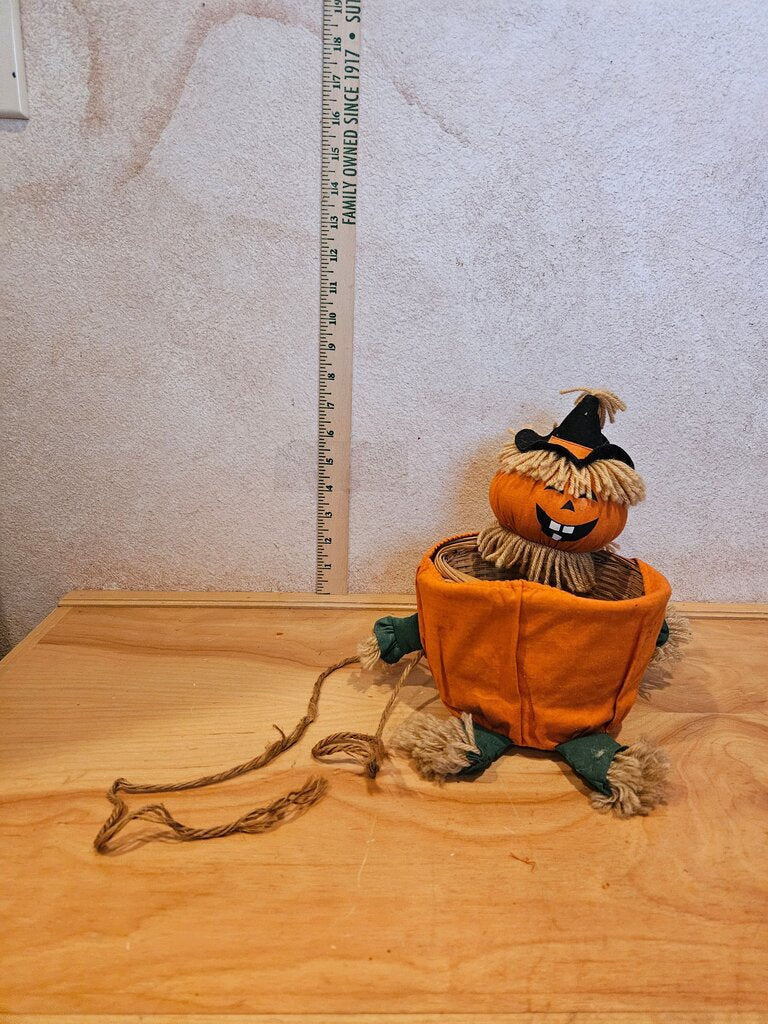Plush Halloween Jack-0-Lantern Scarecrow Pumpkin Hat Woven Basket Table Decor, plant holder