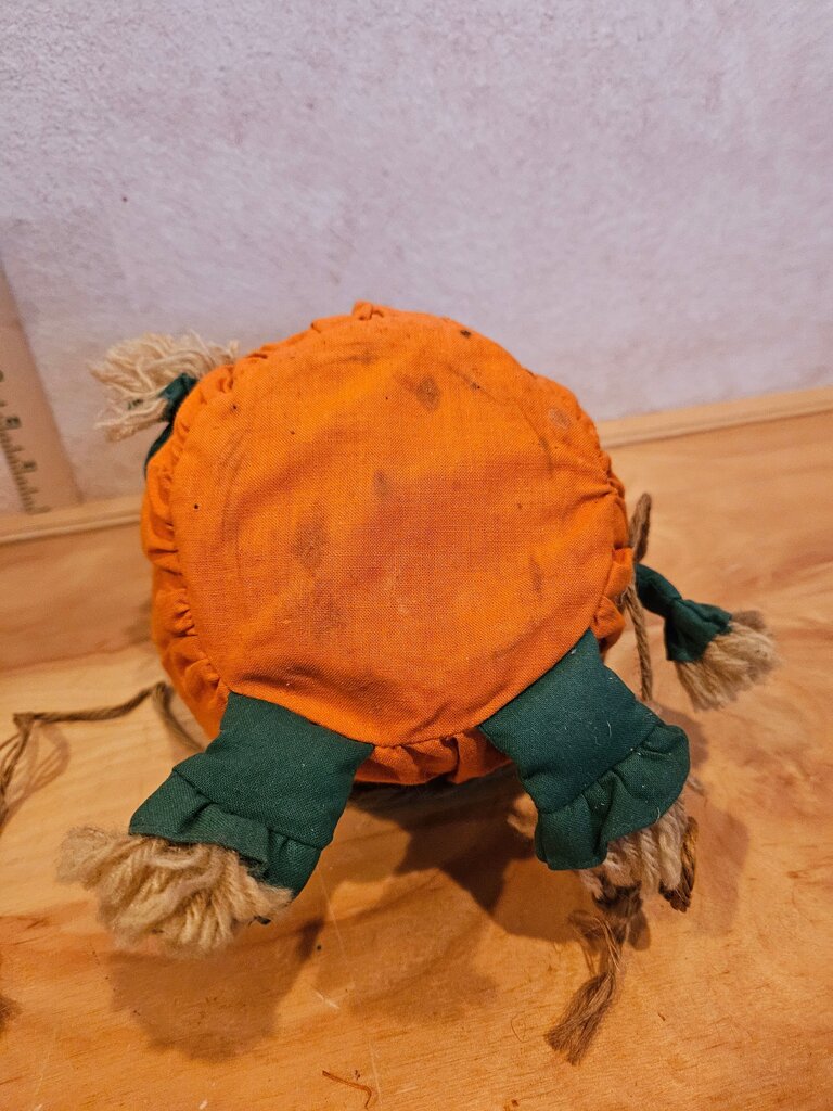 Plush Halloween Jack-0-Lantern Scarecrow Pumpkin Hat Woven Basket Table Decor, plant holder