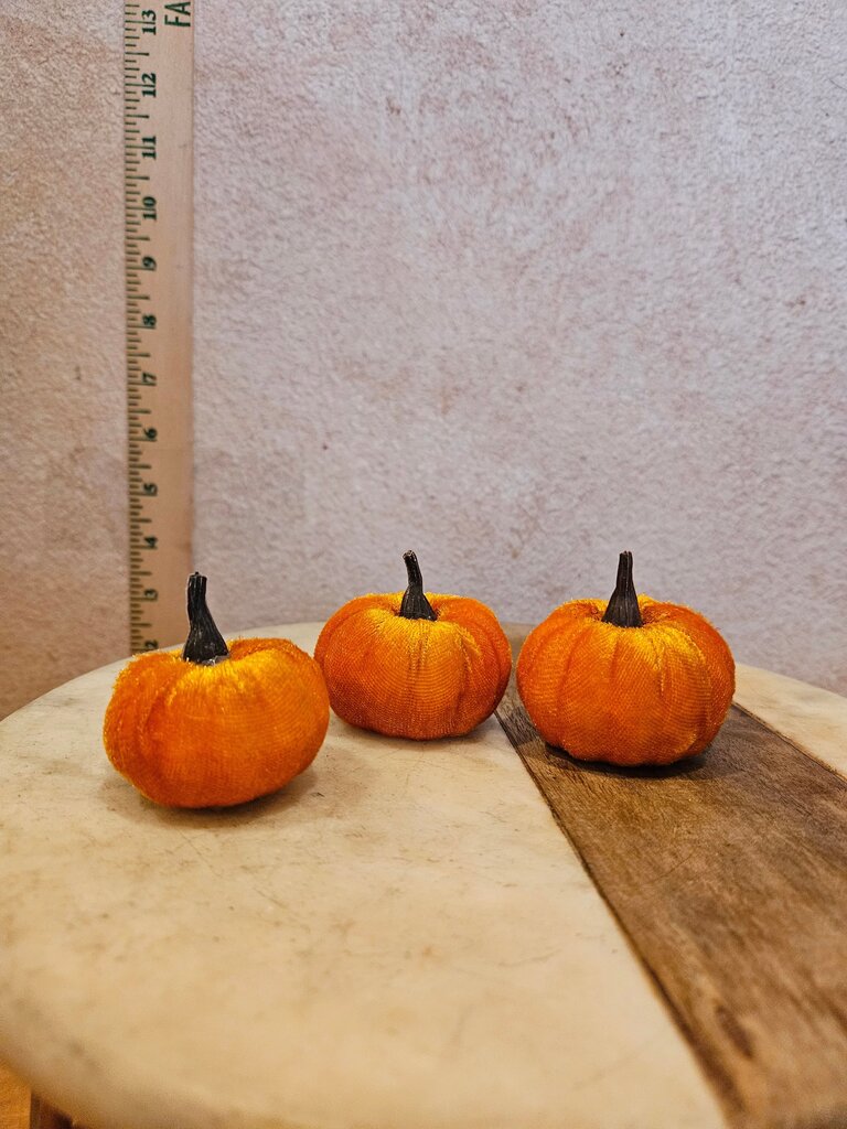 Orange Velour PUMPKINS VELVET cloth Covered 3 pcs Orange MINI Halloween Harvest Fall