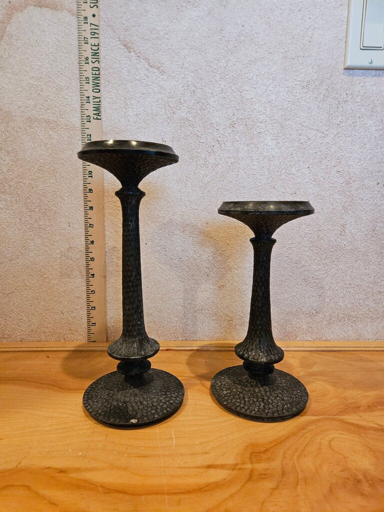 Pair of Pottery Barn Seville Hammered Bronze Dark Metal Pillar Candle Holders | 9" and 11"