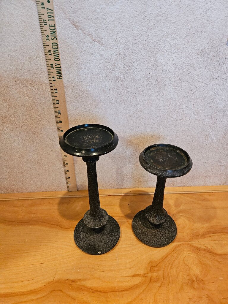 Pair of Pottery Barn Seville Hammered Bronze Dark Metal Pillar Candle Holders | 9" and 11"