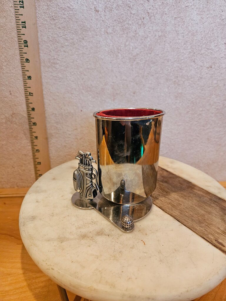Vintage Golf Themed Silver Plated Pencil Holder desk organizer Cup & Business Card Display