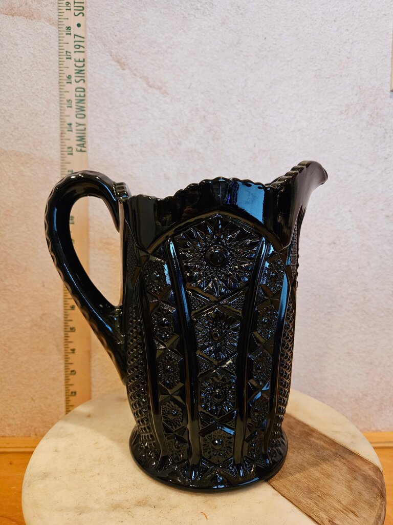 Mid Century Black Indiana Pressed Cut Glass Monarch Tiara Floral Pattern Pitcher