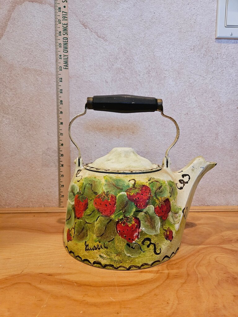 Vintage Wagner Ware Sidney Colonial Tea Kettle 4 Quart Yellow Hand Painted Signed w Strawberry Design Toleware