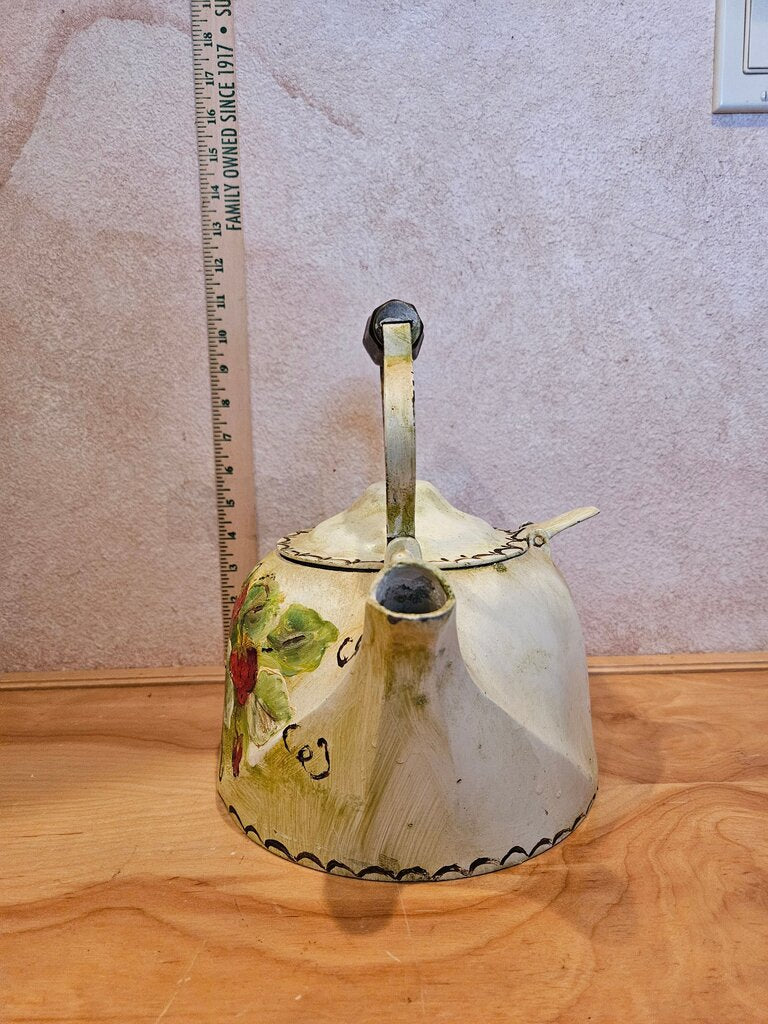 Vintage Wagner Ware Sidney Colonial Tea Kettle 4 Quart Yellow Hand Painted Signed w Strawberry Design Toleware