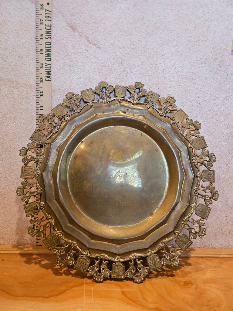 Vintage Brass Tray Plate Colombian Cities Motif Display, serving tray, cloche base amazing