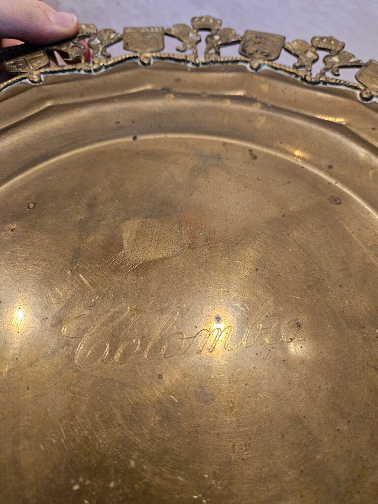 Vintage Brass Tray Plate Colombian Cities Motif Display, serving tray, cloche base amazing
