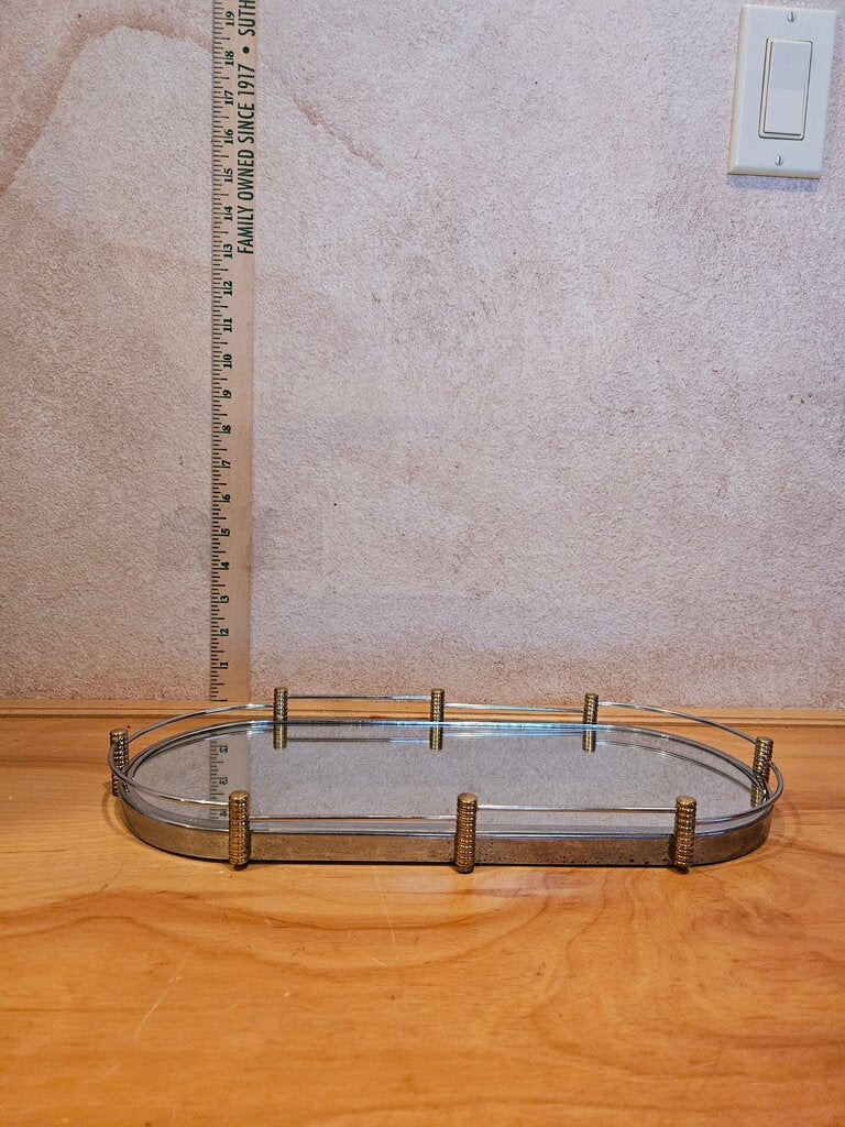 Vtg MCM Oval Chrome & Gold Gilt Mirror Vanity bathroom Tray Hollywood Regency Cosmetic Perfume Holder Art Deco Glam Barware Vintage