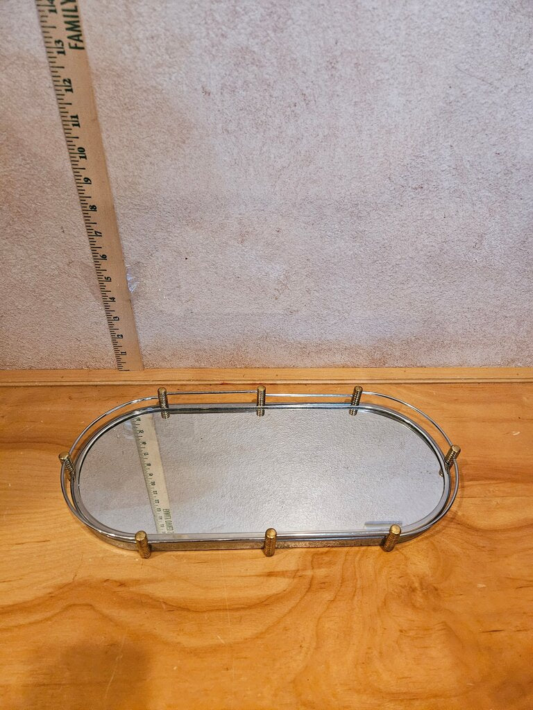 Vtg MCM Oval Chrome & Gold Gilt Mirror Vanity bathroom Tray Hollywood Regency Cosmetic Perfume Holder Art Deco Glam Barware Vintage