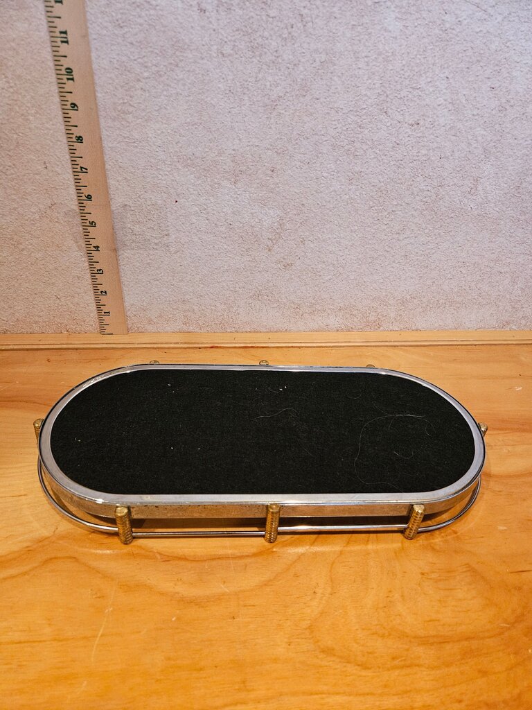 Vtg MCM Oval Chrome & Gold Gilt Mirror Vanity bathroom Tray Hollywood Regency Cosmetic Perfume Holder Art Deco Glam Barware Vintage