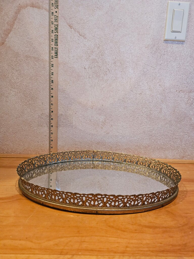 1940s Hollywood Regency Gold Gilt Boho Chic Filagree Gilded Vanity Mirrored Dresser Tray bathroom Art Deco Barware organizer